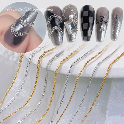 Punk Nail Jewelry Studs Line 3D Metal Nail Chain Charms Decoration for Women Girl Nail Art DIY