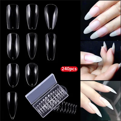 10 Style Fold Seamless False Full Cover Extension Pointed Almond Acrylic Nail Tips for Manicure Salon
